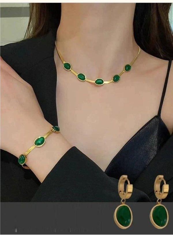 Oval Green Crystal Pendant Necklace Set With Bracelet and earrings set