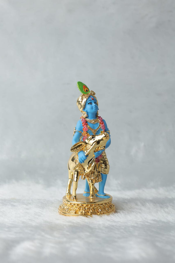 Gold Coated Krishna with Cow Idol | 4.5 inch