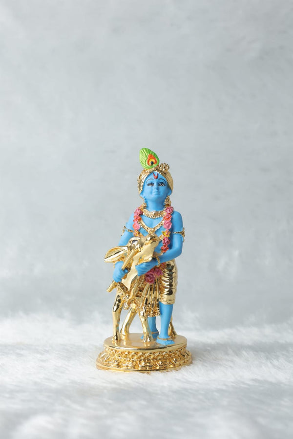 Gold Coated Krishna with Cow Idol | 4.5 inch